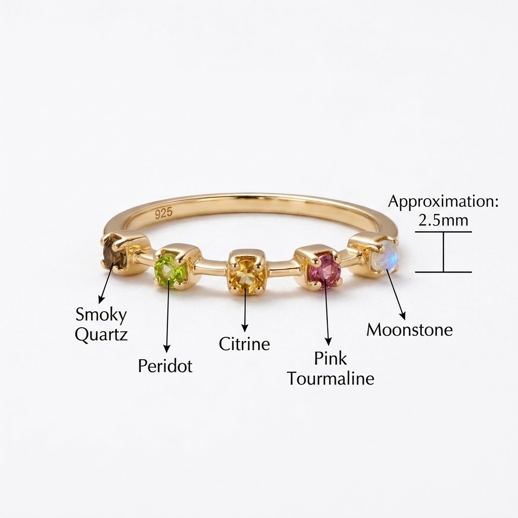 14K gold-plated 925 sterling silver dainty stacking ring set with five natural round-cut gemstones including moonstone, tourmaline, citrine, peridot, and smoky quartz