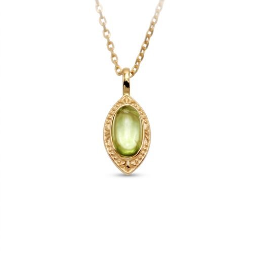 Gold-plated 925 sterling silver vintage pendant necklace featuring a marquise-cut natural green peridot gemstone with a beaded frame