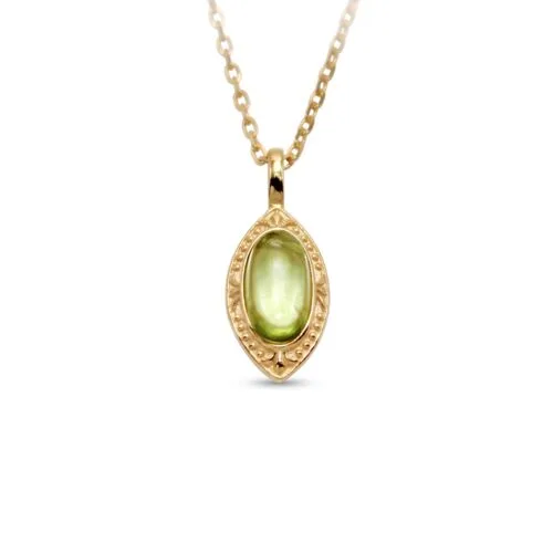 Gold-plated 925 sterling silver vintage pendant necklace featuring a marquise-cut natural green peridot gemstone with a beaded frame