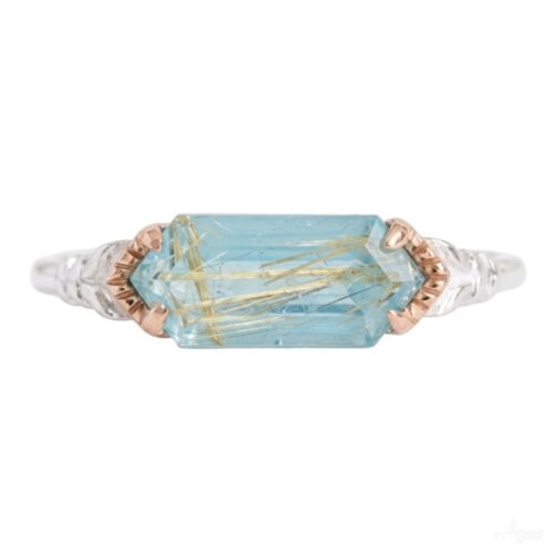 925 sterling silver ring featuring a rectangular bar-cut natural sea green rutilated quartz stone with subtle wire wrapping details