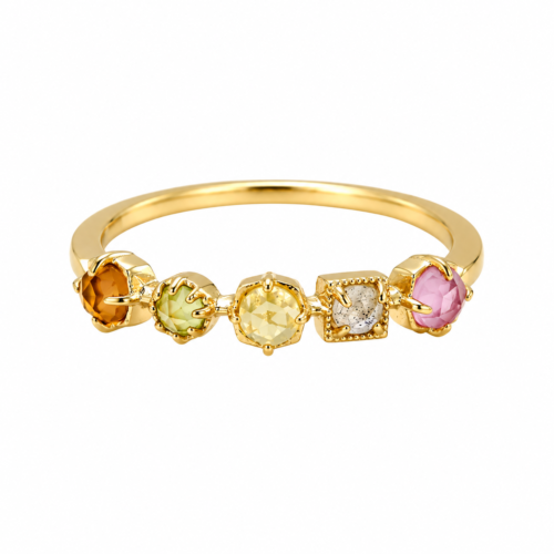14K gold-plated 925 sterling silver ring featuring five custom organic rose-cut natural gemstones including orange garnet, peridot, citrine, labradorite, and red corundum