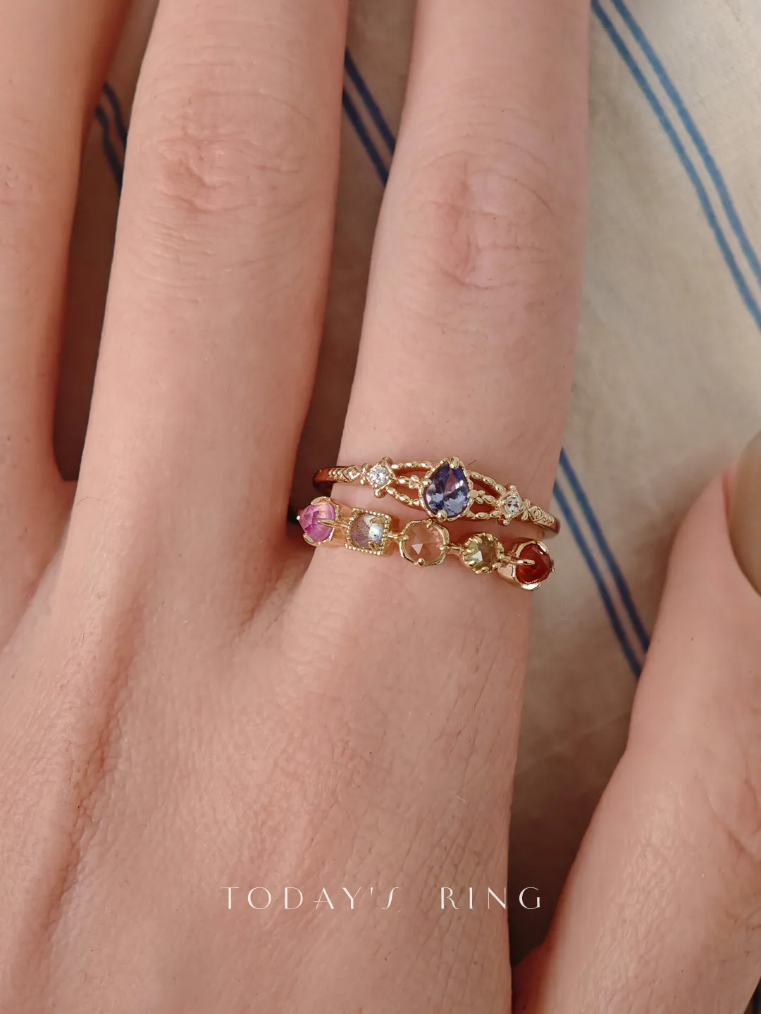 14K gold-plated 925 sterling silver ring featuring five custom organic rose-cut natural gemstones including orange garnet, peridot, citrine, labradorite, and red corundum