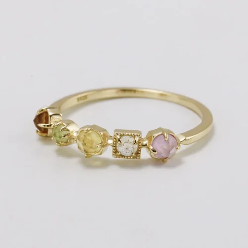 14K gold-plated 925 sterling silver ring featuring five custom organic rose-cut natural gemstones including orange garnet, peridot, citrine, labradorite, and red corundum