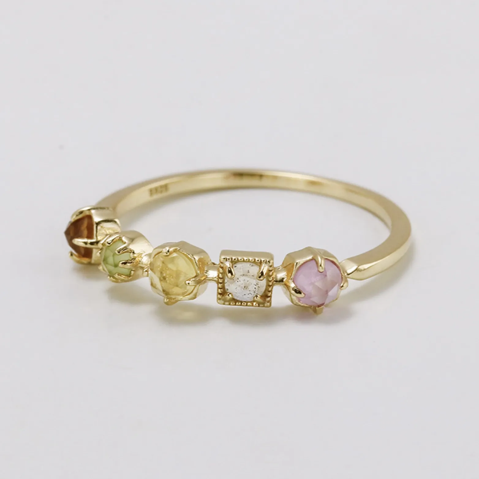 14K gold-plated 925 sterling silver ring featuring five custom organic rose-cut natural gemstones including orange garnet, peridot, citrine, labradorite, and red corundum