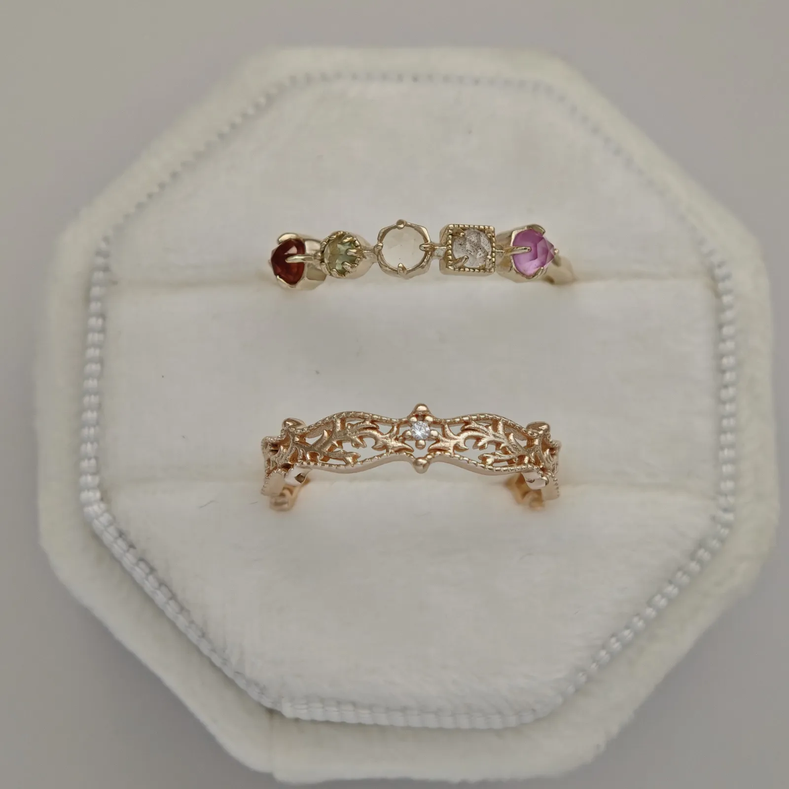 14K gold-plated 925 sterling silver ring featuring five custom organic rose-cut natural gemstones including orange garnet, peridot, citrine, labradorite, and red corundum