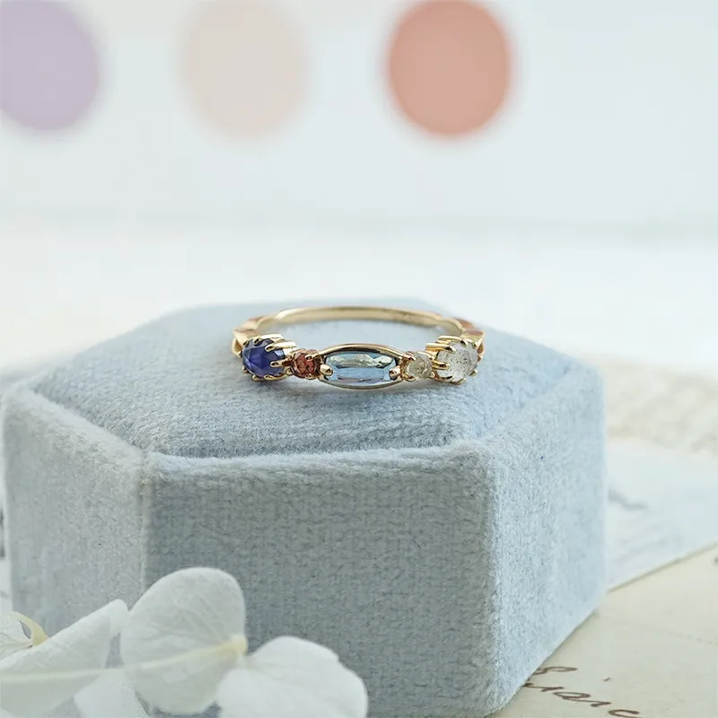 14K gold-plated 925 sterling silver ring featuring five custom organic rose-cut natural gemstones including orange garnet, peridot, citrine, labradorite, and red corundum