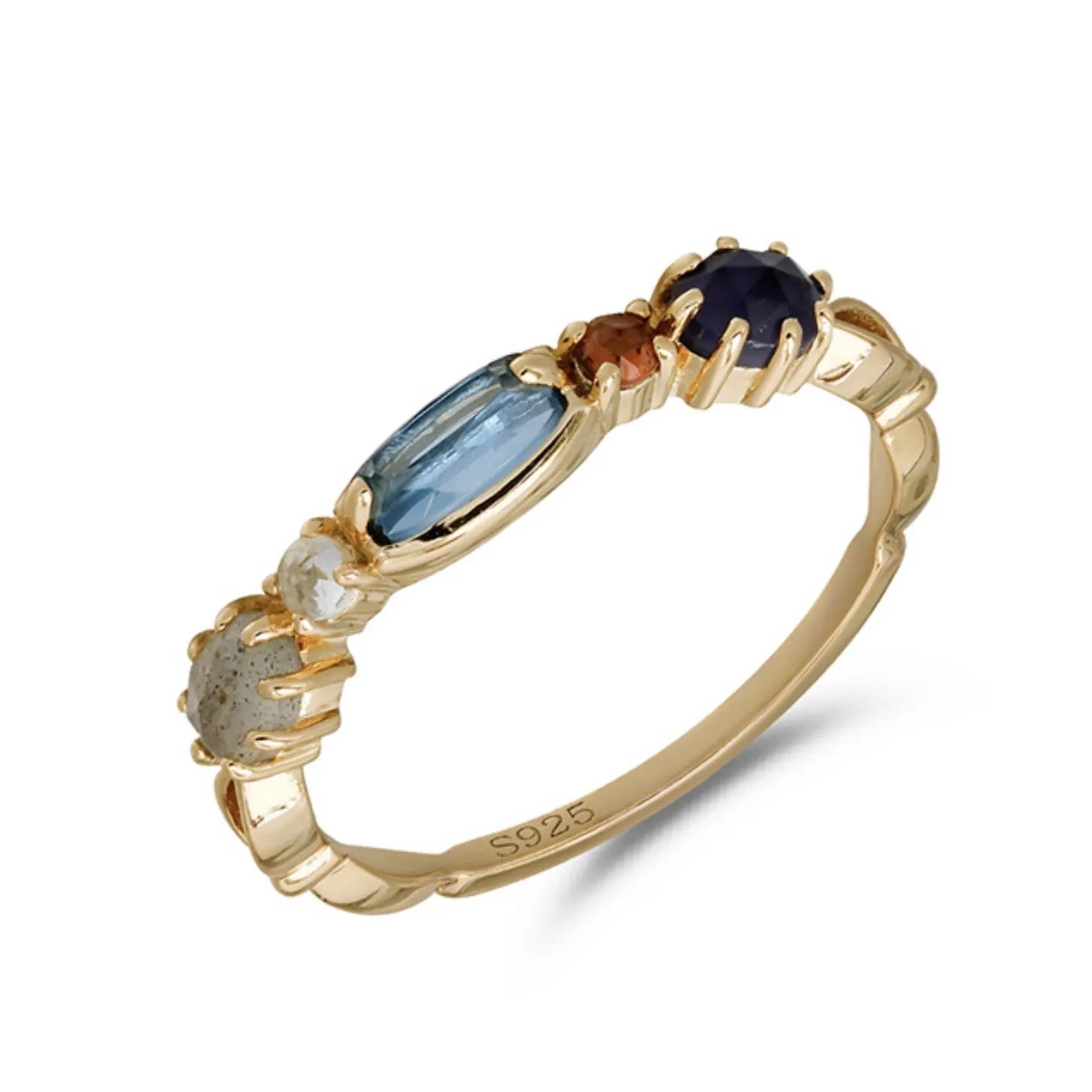 14K gold-plated 925 sterling silver ring featuring five custom organic rose-cut natural gemstones including orange garnet, peridot, citrine, labradorite, and red corundum