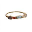 14K gold-plated 925 sterling silver ring featuring five custom organic rose-cut natural gemstones including orange garnet, peridot, citrine, labradorite, and red corundum