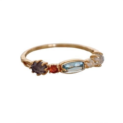 14K gold-plated 925 sterling silver ring featuring five custom organic rose-cut natural gemstones including orange garnet, peridot, citrine, labradorite, and red corundum