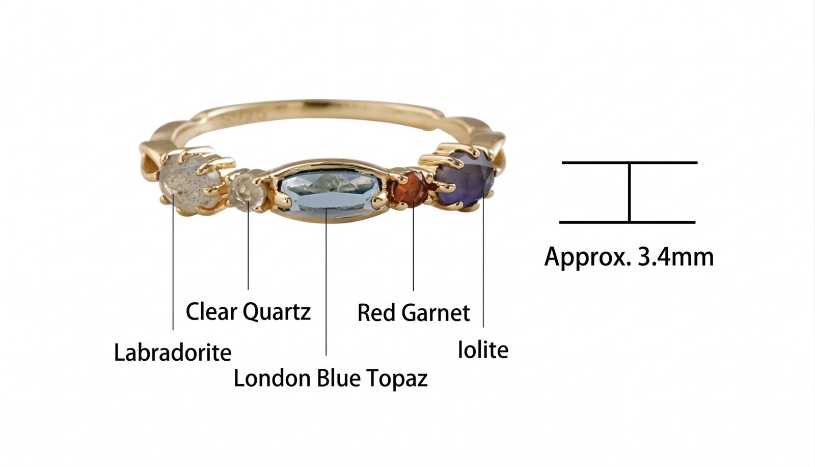 14K gold-plated 925 sterling silver ring featuring five custom organic rose-cut natural gemstones including orange garnet, peridot, citrine, labradorite, and red corundum