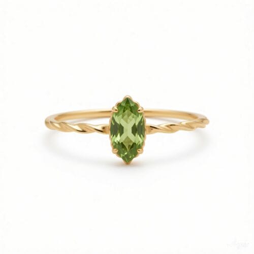 14K gold plated 925 sterling silver elegant ring featuring a marquise-cut natural peridot gemstone with twisted shank details