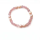 Natural peach pink strawberry quartz beaded stretch bracelet and ring featuring genuine freshwater pearl accents