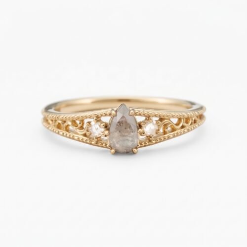 Gold-plated 925 sterling silver vintage ring featuring a pear-cut natural labradorite stone surrounded by floral vine filigree details and cubic zirconia accents