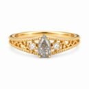 Gold-plated 925 sterling silver vintage ring featuring a pear-cut natural labradorite stone surrounded by floral vine filigree details and cubic zirconia accents