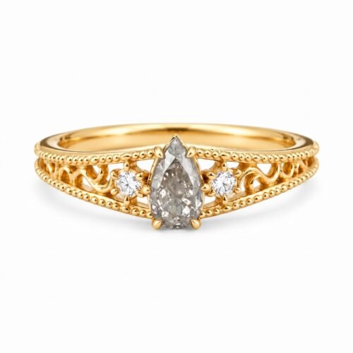 Gold-plated 925 sterling silver vintage ring featuring a pear-cut natural labradorite stone surrounded by floral vine filigree details and cubic zirconia accents