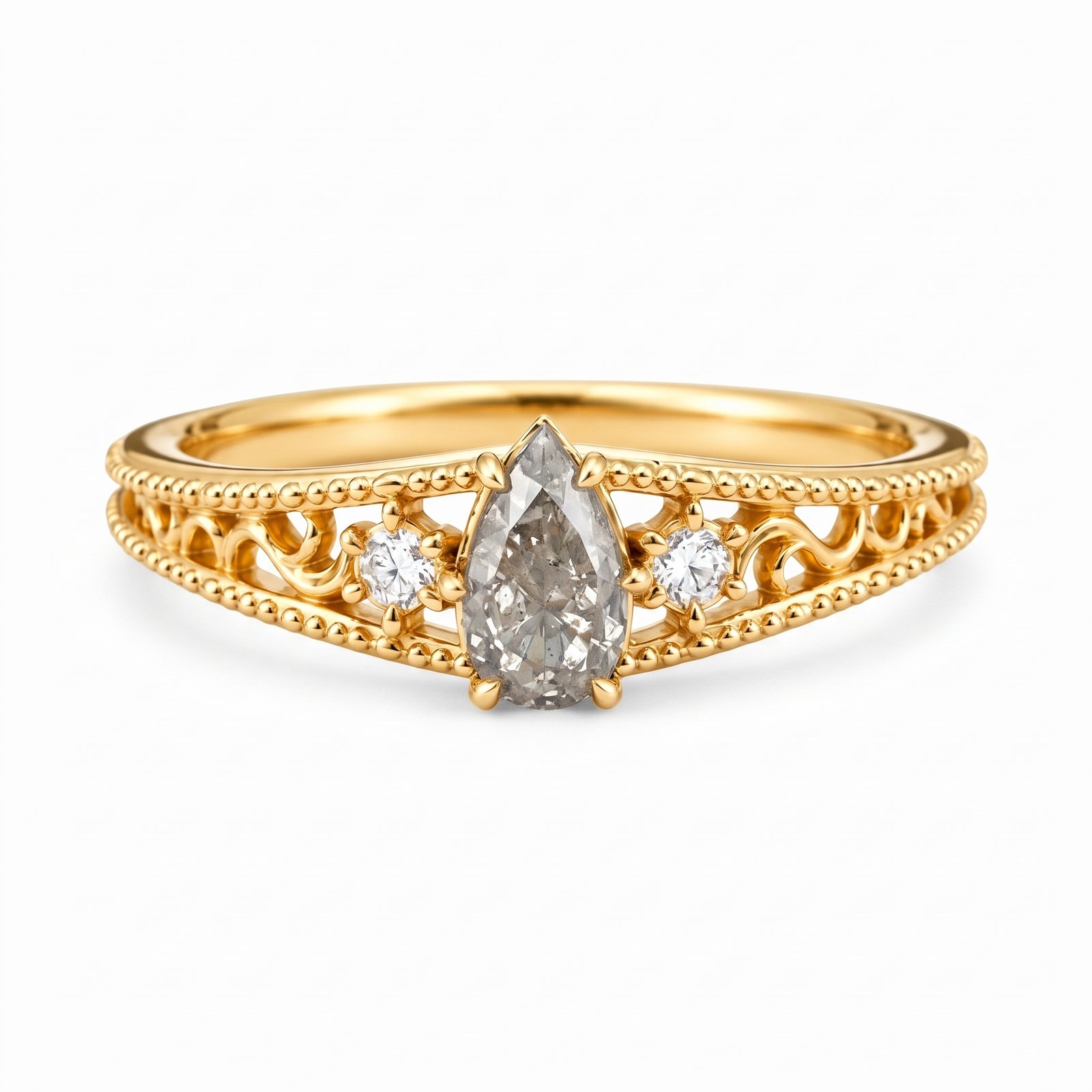 Gold-plated 925 sterling silver vintage ring featuring a pear-cut natural labradorite stone surrounded by floral vine filigree details and cubic zirconia accents