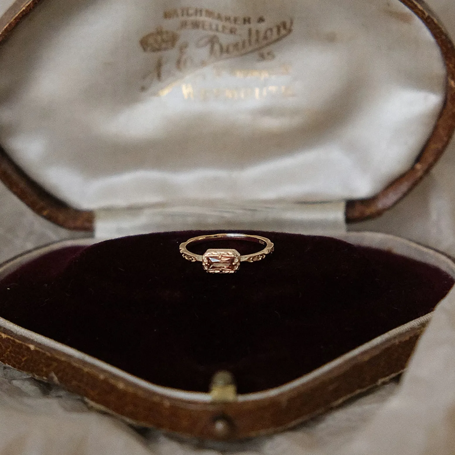 14K gold plated 925 sterling silver vintage ring featuring a rectangle baguette-cut coffee cubic zirconia stone framed in detailed filigree setting with engraved band