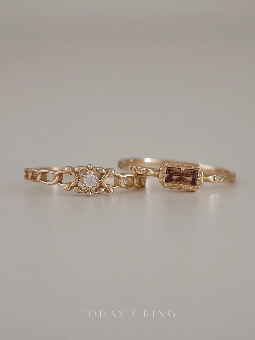 14K gold plated 925 sterling silver vintage ring featuring a rectangle baguette-cut coffee cubic zirconia stone framed in detailed filigree setting with engraved band