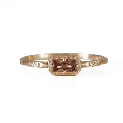 14K gold plated 925 sterling silver vintage ring featuring a rectangle baguette-cut coffee cubic zirconia stone framed in detailed filigree setting with engraved band