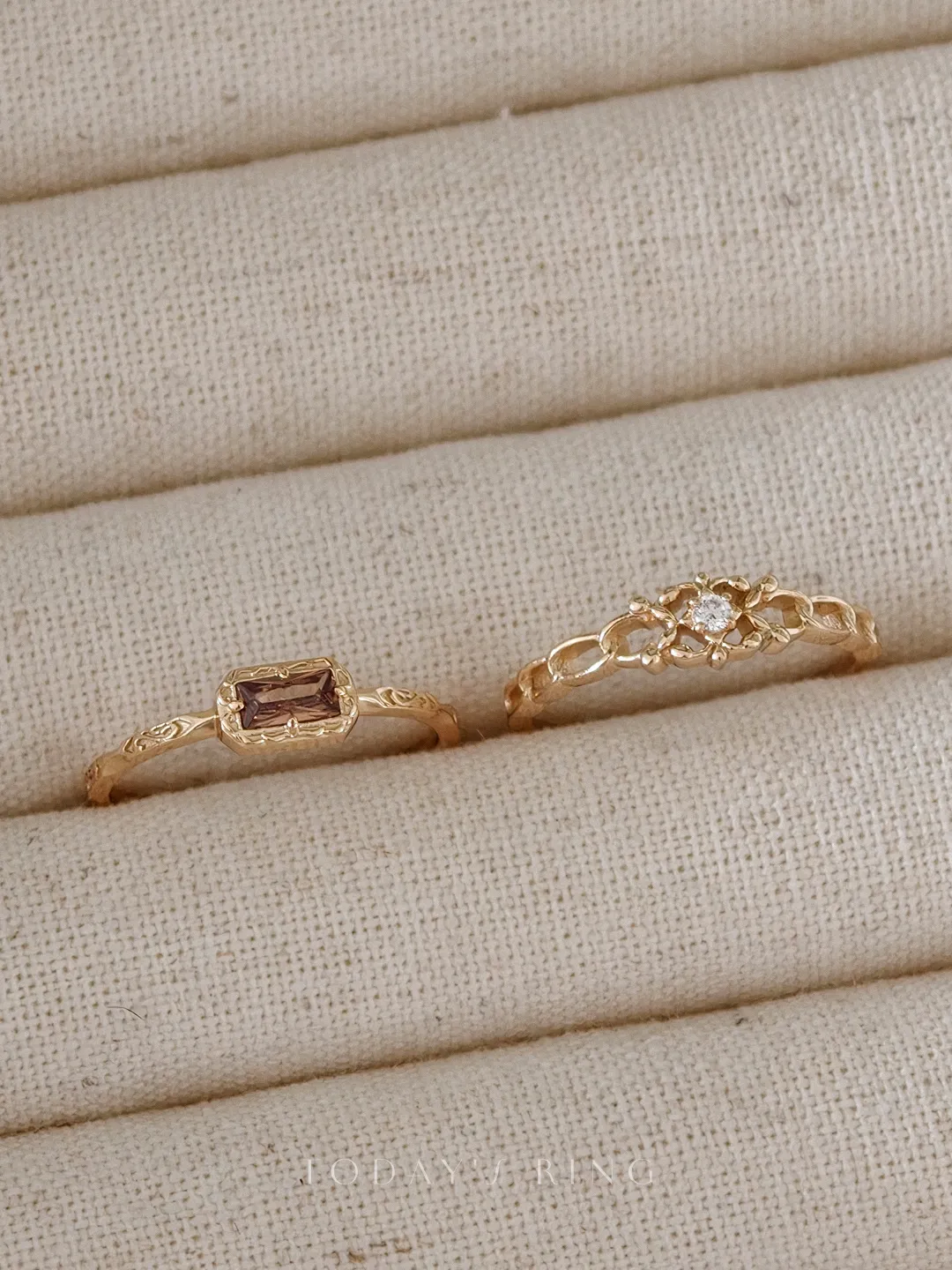 14K gold plated 925 sterling silver vintage ring featuring a rectangle baguette-cut coffee cubic zirconia stone framed in detailed filigree setting with engraved band
