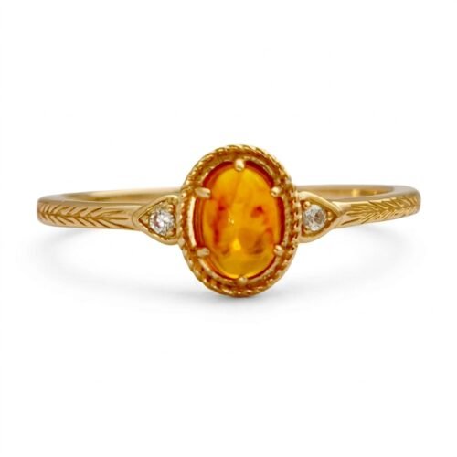 14K gold plated 925 sterling silver vintage ring featuring an oval natural amber stone centerpiece flanked by white zircon accents with engraved band detailing