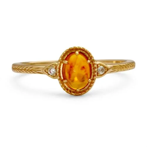 14K gold plated 925 sterling silver vintage ring featuring an oval natural amber stone centerpiece flanked by white zircon accents with engraved band detailing
