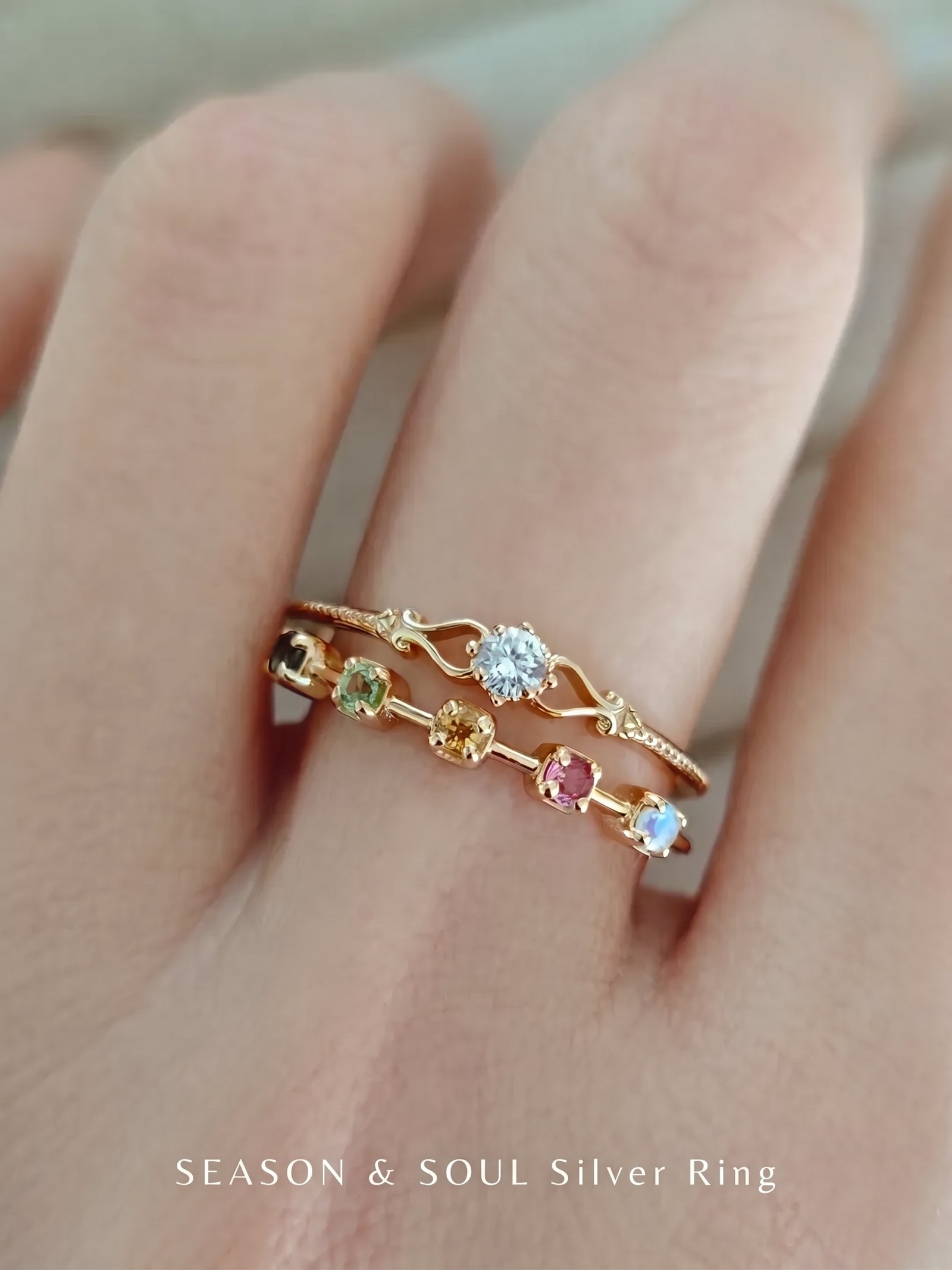 14K gold-plated 925 sterling silver dainty stacking ring set with five natural round-cut gemstones including moonstone, tourmaline, citrine, peridot, and smoky quartz