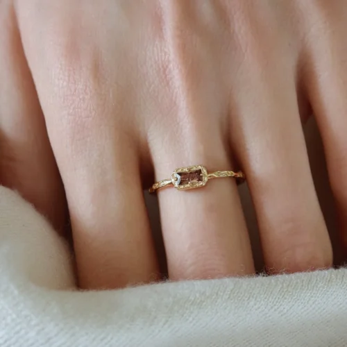 14K gold plated 925 sterling silver vintage ring featuring a rectangle baguette-cut coffee cubic zirconia stone framed in detailed filigree setting with engraved band