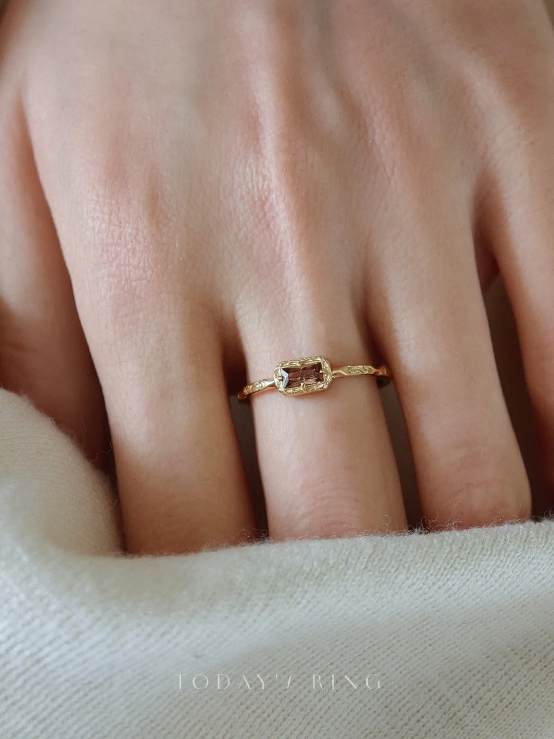 14K gold plated 925 sterling silver vintage ring featuring a rectangle baguette-cut coffee cubic zirconia stone framed in detailed filigree setting with engraved band