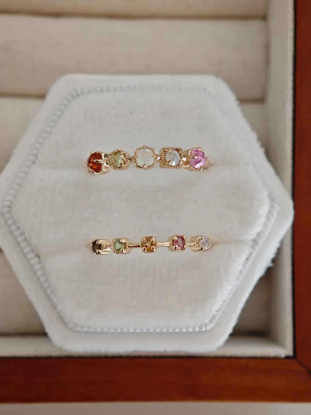 14K gold-plated 925 sterling silver dainty stacking ring set with five natural round-cut gemstones including moonstone, tourmaline, citrine, peridot, and smoky quartz