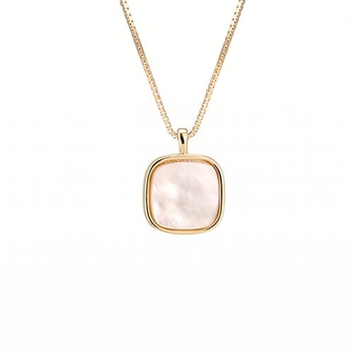 14K gold plated minimalist necklace featuring a square cushion-cut natural mother of pearl shell pendant on a delicate gold box chain