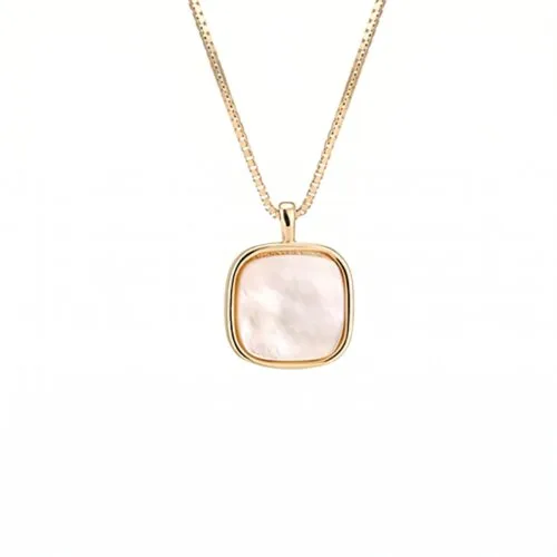 14K gold plated minimalist necklace featuring a square cushion-cut natural mother of pearl shell pendant on a delicate gold box chain
