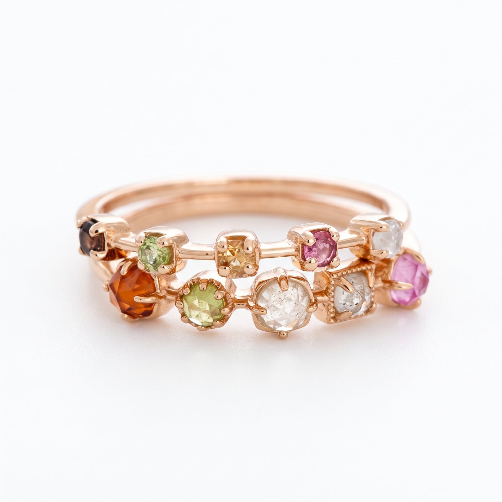 14K gold-plated 925 sterling silver dainty stacking ring set with five natural round-cut gemstones including moonstone, tourmaline, citrine, peridot, and smoky quartz