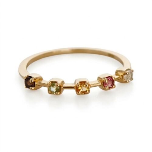 14K gold-plated 925 sterling silver dainty stacking ring set with five natural round-cut gemstones including moonstone, tourmaline, citrine, peridot, and smoky quartz