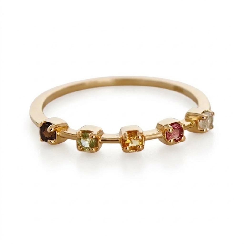 14K gold-plated 925 sterling silver dainty stacking ring set with five natural round-cut gemstones including moonstone, tourmaline, citrine, peridot, and smoky quartz