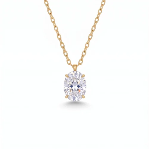 925 sterling silver solitaire pendant necklace featuring a 2.46ct 7x11mm brilliant oval cut moissanite in a four-prong setting available in gold vermeil and rhodium finish