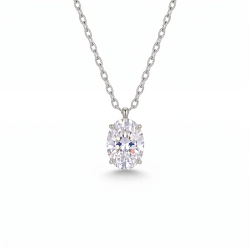 925 sterling silver solitaire pendant necklace featuring a 2.46ct 7x11mm brilliant oval cut moissanite in a four-prong setting available in gold vermeil and rhodium finish