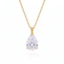 925 sterling silver solitaire pendant necklace featuring a 3.09ct pear cut moissanite (8×12mm) in a three-prong setting available in gold vermeil and rhodium finish