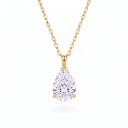 925 sterling silver solitaire pendant necklace featuring a 3.09ct pear cut moissanite (8×12mm) in a three-prong setting available in gold vermeil and rhodium finish