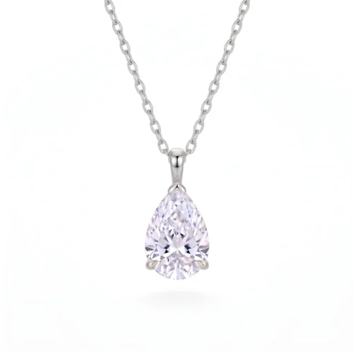 925 sterling silver solitaire pendant necklace featuring a 3.09ct pear cut moissanite (8×12mm) in a three-prong setting available in gold vermeil and rhodium finish