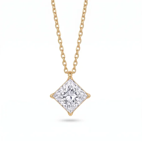 925 sterling silver solitaire pendant necklace featuring a 2.76ct princess square cut moissanite (8×8mm) in a kite setting available in gold vermeil and rhodium finish