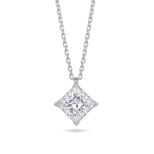 925 sterling silver solitaire pendant necklace featuring a 2.76ct princess square cut moissanite (8×8mm) in a kite setting available in gold vermeil and rhodium finish