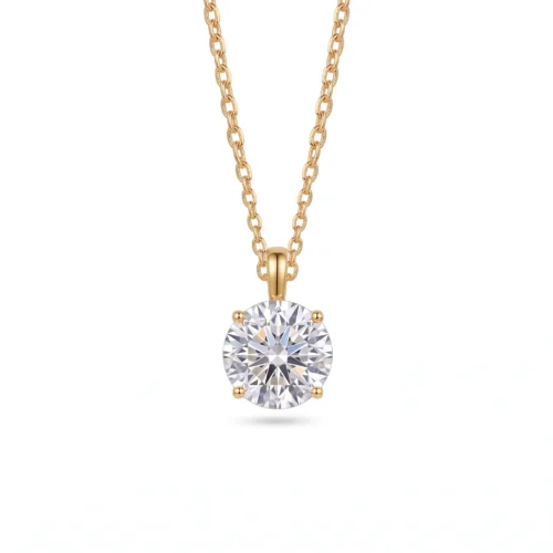 925 sterling silver solitaire pendant necklace featuring an 8mm 2ct brilliant round cut moissanite in a four-prong setting available in gold vermeil and rhodium finish