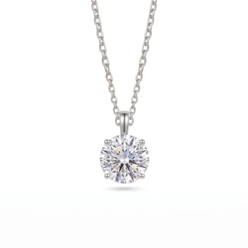 925 sterling silver solitaire pendant necklace featuring an 8mm 2ct brilliant round cut moissanite in a four-prong setting available in gold vermeil and rhodium finish