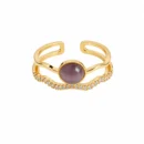 Front view of a 14K gold-plated French adjustable double-band ring featuring a purple-grey synthetic cat's eye and CZ accents.