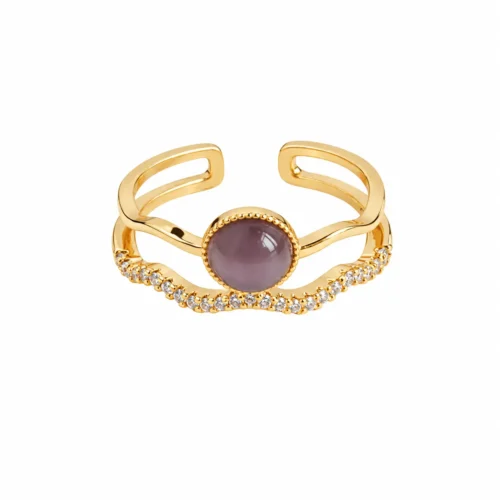 Front view of a 14K gold-plated French adjustable double-band ring featuring a purple-grey synthetic cat's eye and CZ accents.