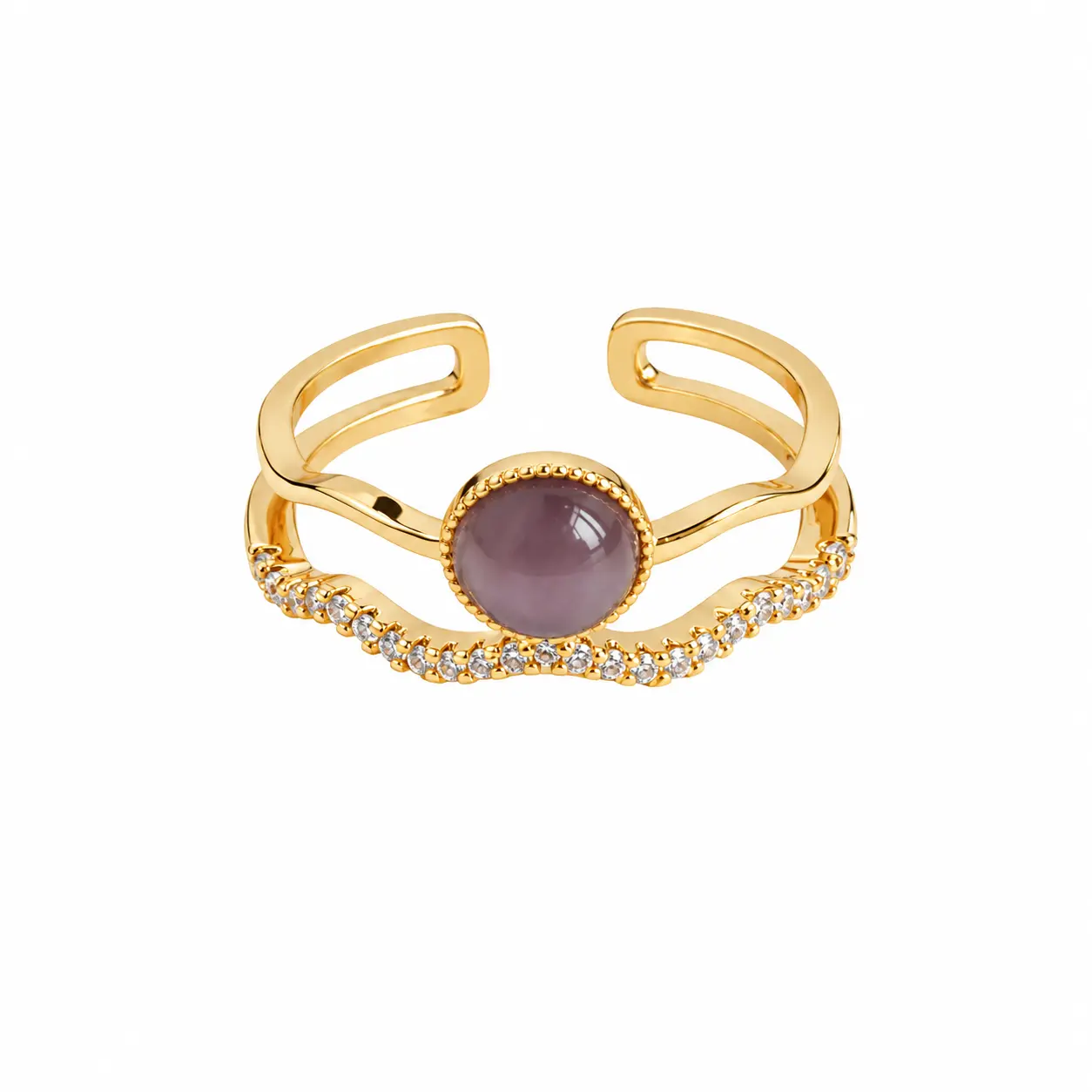Front view of a 14K gold-plated French adjustable double-band ring featuring a purple-grey synthetic cat's eye and CZ accents.