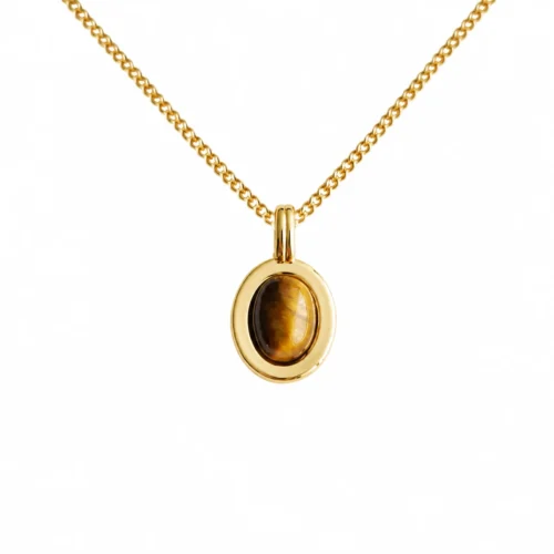 Front view of a 14K gold-plated oval natural Tiger's Eye pendant necklace isolated on a white background
