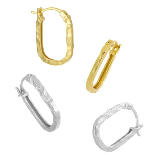 Floating group view of silver and 18K gold-plated INS style U-shaped lava textured hoop earrings