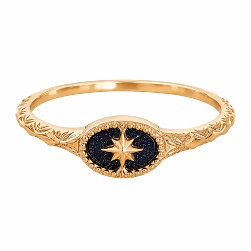Vintage celestial 14K gold-plated S925 sterling silver blue sandstone starburst medallion ring on white background.
